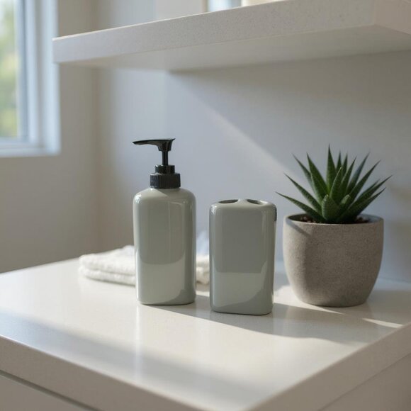 Gray Color Bathroom Pump and Toothbrush Holder Set - Picture 1 of 10